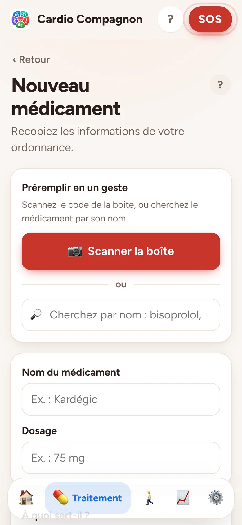 Ajout d’un médicament : bouton Scanner la boîte et recherche par nom